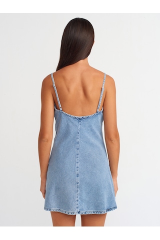 Dilvin Askılı Verev Kesim Denim Elbise Mavi