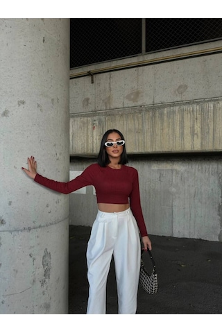Lymens Şık Ve Modern Burgu Sırt Detay Crop Uzun Kollu Bisiklet Yaka Bluz Bordo