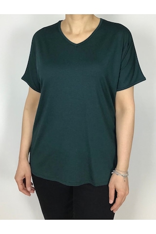 Kısa Kol V Yaka Likralı Düz Penye Bluz Zümrüt