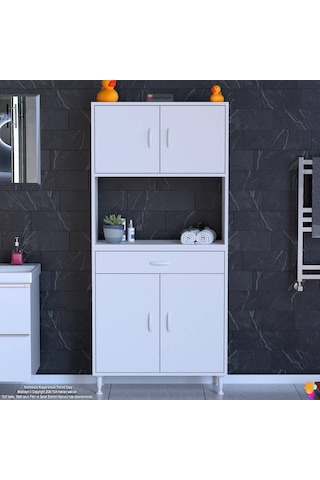 Modilayn Arda Banyo Dolabı 70x173x32,5cm 1 Çekmece 4 Kapak Ve 7 Raflı İhtiyaca Uygun Kolay Kurulum Beyaz