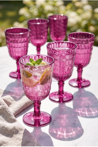 Akrilik Allegra Pembe 7 Parça Kadeh & Su Meşrubat Bardağı 450 Ml Ve Akrilik Allegra Pembe 1,5 Lt Sürahi Cam Değildir