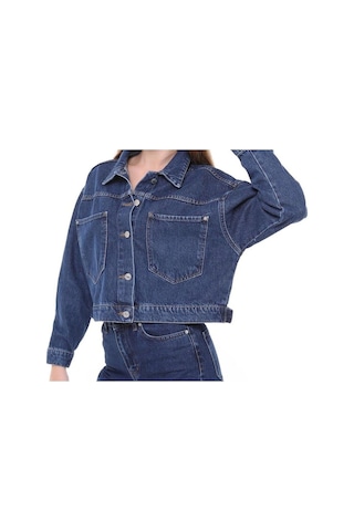 7007-dgml Kadın Düğmeli Jeans Denim Kot Ceket Mavi