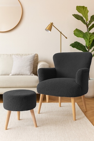 Roma Berjer + Puf Set - Welsoft Yumuşak Kumaş - Ahşap Ayak - Antrasit Antrasit