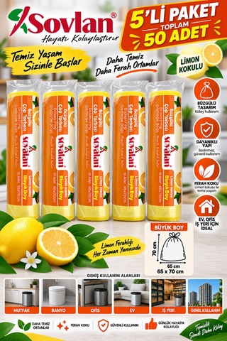 Limon Kokulu Büzgülü Çöp Torbası Büyük Boy 65x70 Cm 5'li Paket 50 Adet