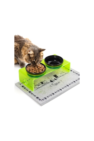 Gobypet 2'li Yeşil Pleksi Dekoratif Kedi Ve Köpek Seramik Mama & Su Kabı + Paspas