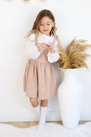 Fitilli Kadife Elbise İkili Takım Bej