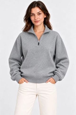 Butik İstanbul Üç İplik İçi Şardonlu Dik Yaka Yarım Fermuarlı Kışlık Sweatshirt - Gri