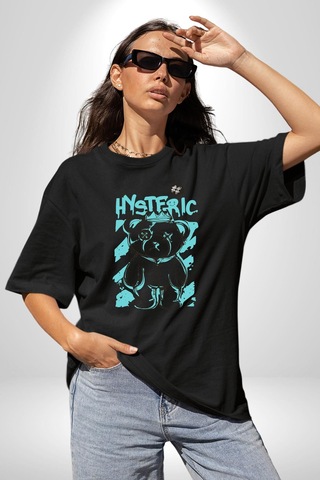 Histerik Pamuklu Bisiklet Yaka Unisex Oversize Boyfriend Dijital Baskılı Siyah T-shirt Siyah