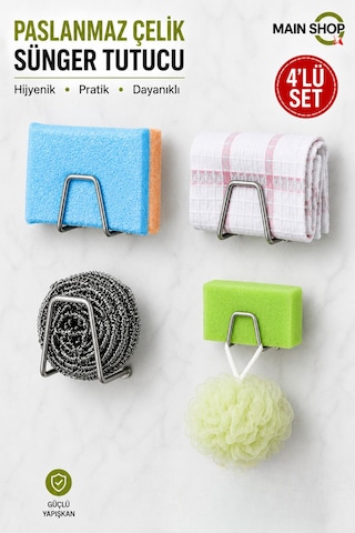 Mainshop 4 Adet Bulaşık Süngeri Tutacağı Paslanmaz Çelik Yapışkanlı Sünger Tutucu Çok Amaçlı Askı M-sng1 Gümüş