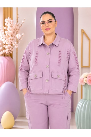 Büyük Beden Yakalı Düğme Detaylı Bağcıklı Ön Cepli Denim Kadın Ceket Pembe