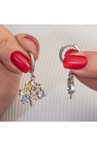 Kenpazar Gümüş Renkli Taşlı Hayat Ağacı Kadın Küpe Gümüş