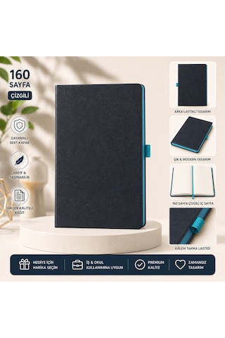 Modern Tasarım Lastikli Ajanda/defter Siyah - Mavi