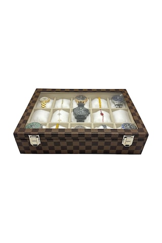 Saat Kutusu 15 Bölmeli Camlı Organizer Ekose Tasarım