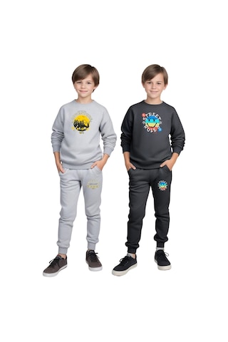 Fyk Kids 2'li Erkek Çocuk Yuvarlak Yaka Baskı Detaylı Eşofman Takımı Gri - Füme