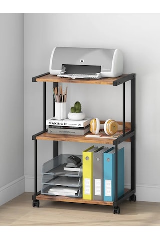 Raflı Yazıcı Sehpası - Atlantik Çam 45x30 Frenli Tekerli