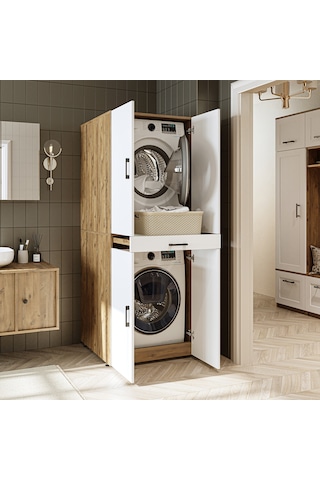 Banyo Dolabı Kapaklı Çamaşır Ve Kurutma Makinesi Dolabı 70x185 Cm Atlantik Çam - Beyaz