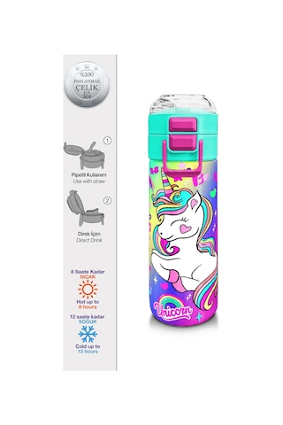 Coral High Kids Lavanta Su Yeşili Unicorn Desenli Pipetli Ve Direkt İçim Çelik Termos 500 Ml 31937 Lavanta - Sarı