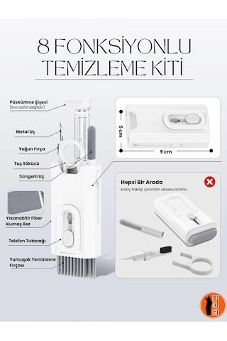 8 Fonksiyonlu Telefon, Kulaklık, Klavye, Ekran, Temizleme Kiti, Telefon Standı - Beyaz