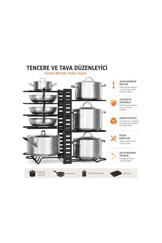 Tr Çift Taraflı Kullanılabilir Ayarlanabilir Tencere Tava Organizeri, Kapak Organizeri Ve Dolap İçi Düzenleyici, T Genel