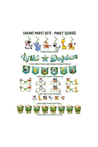 Safari Temalı Doğum Günü Parti Seti İyi Ki Doğdun Banner, Tavan Sarkıt, Gözlük, Pasta Süsü Ve Mısır Kutusu Yeşil