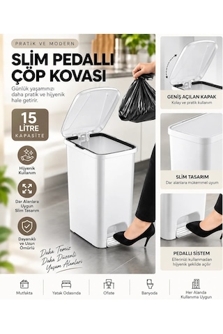 Slim Pedallı Banyo Mutfak Çöp Kovası - 15 Litre Beyaz