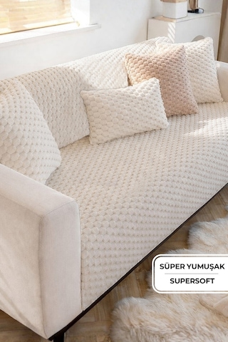 Soft Kürklü Koltuk Örtüsü 170x215 Cm Yumuşak Peluş Kaymaz Taban Kanepe Örtüsü Bej