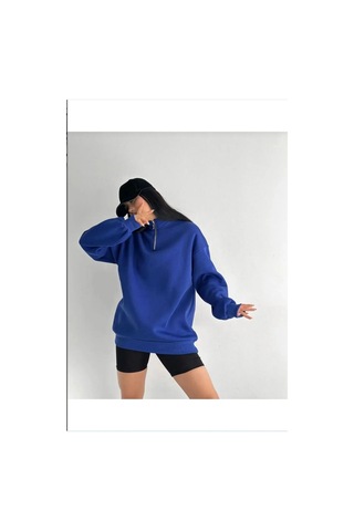 Macklin Unisex Kadın Erkek Baskısız Yarım Fermuarlı Dik Yaka Basic Sweatshirt Mavi Mck0602 Mavi