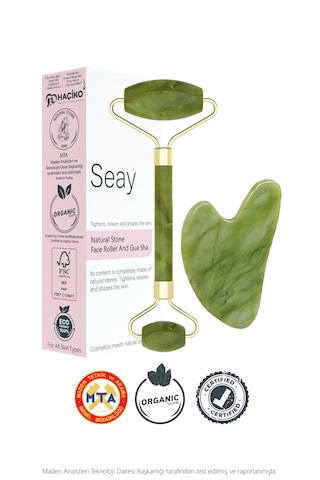 Seay Yeşim Face Roller ve Kalp Gua Sha Yüz Masaj Aleti Seti Premium Doğal Taş Sertifikalı