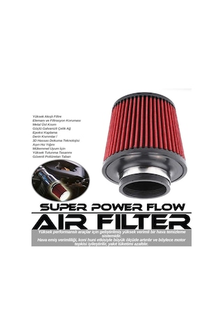 Carub Oto Filtre Performans Hava Filtresi Yüksek Verimli Akışlı Tuning 76mm Girişli Konik 16x15cm Krom Kırmızı