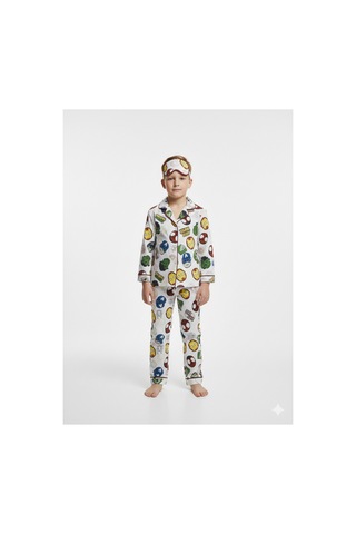 Beka Kids Renkli Karakter Desenli Uzun Kollu Önden Düğmeli Gömlek Yaka Erkek Çocuk Pijama Takımı Ve Göz Bandı Ekru