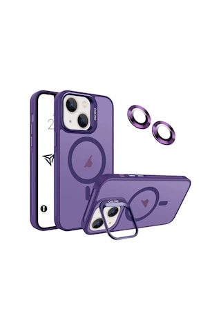 iPhone Uyumlu 13 / 14 Kamera Korumalı Stantlı Magsafe Destekli Mat Lens Koruyucu Telefon Kılıfı Mor