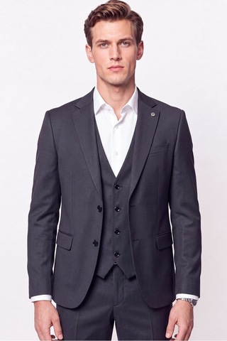 Efor Slim Fit Çift Yırtmaç %97 Yünlü Doku Desenli Esnek Antrasit Yelekli Takım Elbise Tk 927