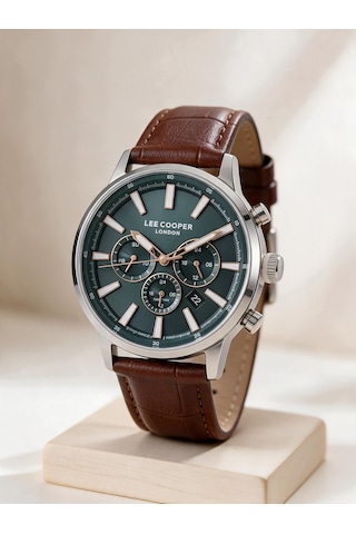 Lee Cooper Kahverengi Deri Kayış Yeşil Kadran 40 Mm Yuvarlak Erkek Kol Saati, Bileklik Hediyeli Gümüş