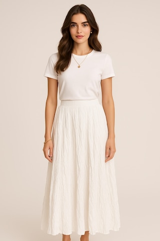 Ekru Mizalle Kırışık Görünümlü Saf Pamuk Beyaz Maksi Etek Beyaz