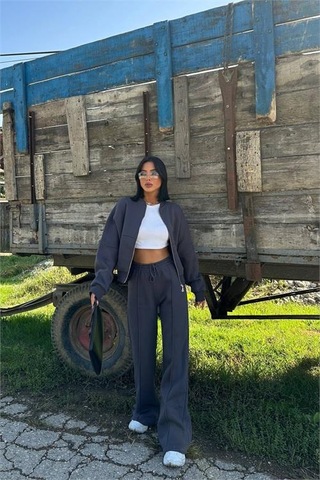 Neşeli Butik Kadın Antrasit Fermuarlı Kışlık Eşofman Takımı Nbg026 Antrasit