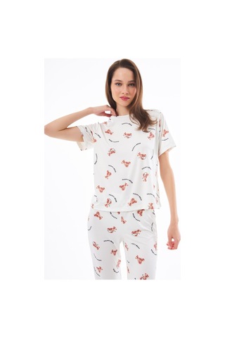 Premium Kadın Pijama Takımı Ayıcık Desenli Yumuşak Dokulu Kısa Kollu Bisiklet Yaka Krem