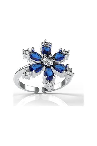 925 Ayar Safir Taşlı Rodyum Lotus Çiçeği Ayarlanabilir Gümüş Yüzük Rr10026 Gümüş