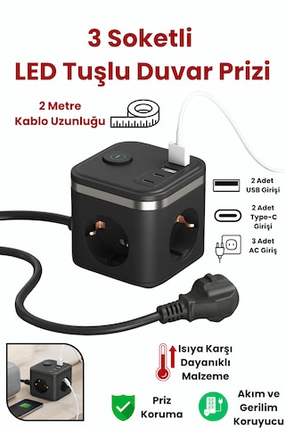 Yeni 3680w Pro Power 2xtype-c Ve 2x Usb Girişli Anahtarlı 3lü Çoğaltıcı Küp 2mt Kablolu Akım Korumalı Priz 2