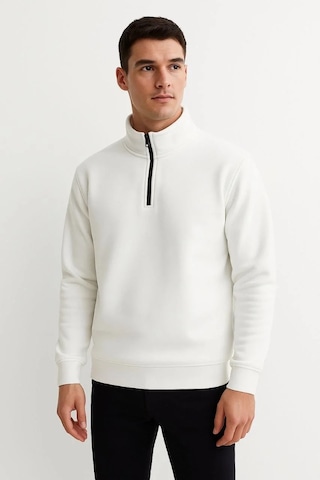 Erkek Dik Yaka Sweatshirt Dik Yaka Yarım Fermuarlı 3 İplik Şardonlu Pamuk Kumaş - Beyaz Beyaz