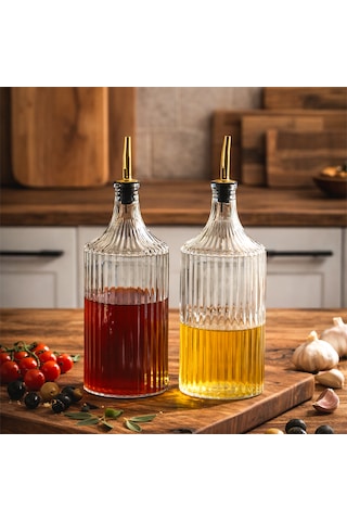 Porsima Viking 18114 2li 1000 Ml Cam Şişe Yağlık Sirkelik Çift Kapaklı Gold Altın