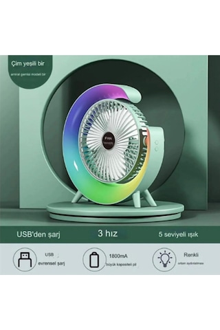 Masaüstü Vantilatör Usb Şarjlı Rgb Led Işıklı 3 Kademeli 180 Ayarlanabilir Soğutucu Fan Yeşil