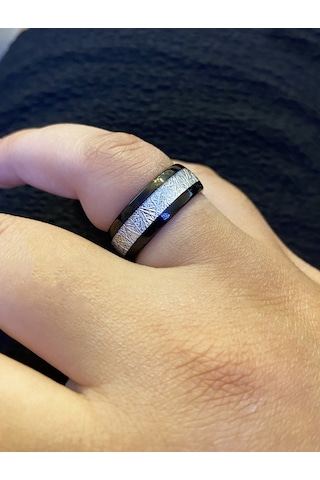 Erkek Beyaz Çizgi Detay Tungsten Yüzük Siyah