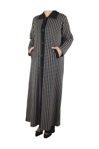 Kadın Desenli Önü Düğmeli Cepli Çelik Örgü Pardesü Siyah