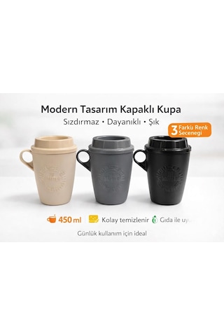 Kulplu Kapaklı Çay Kahve Bardağı Plastik - Mug Sıcak Içecek Bardağı 450 Ml Siyah