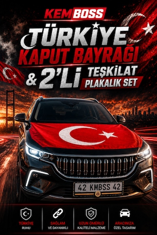 Kemboss Türkiye Kaput Bayrağı Ve Teşkilat Plakalık Seti - 130x160 Cm Lastikli Kaput Bayrağı + 2'li Universal Araba Plakalık