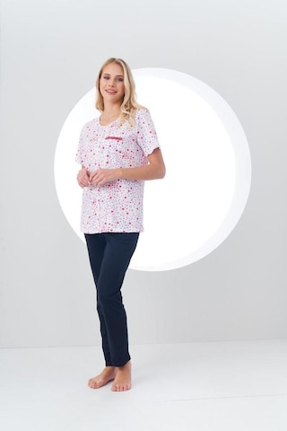 Pjs Kadın Desenli Önden Düğmeli Kısa Kollu Pijama Takım Beyaz