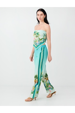 Jimmy Key Jimmy Key Mint Yeşili Tropikal Desenli Şerit Detaylı Saten Pantolon 6sw187491332
