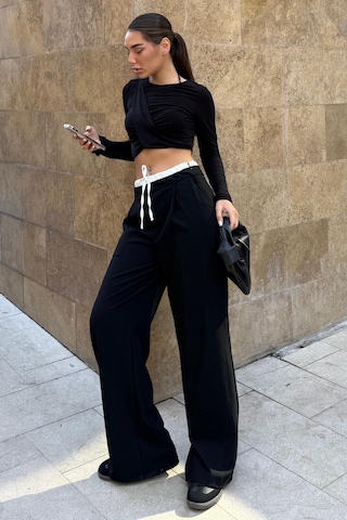 Madmext Siyah Çift Bel Bantlı Wide Leg Kadın Pantolon Mg2551 Siyah