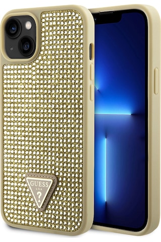 Apple Uyumlu iPhone 15 Kılıf Guess Lisanslı Taşlı Arka Yüzey Üçgen Logolu Kapak Gold