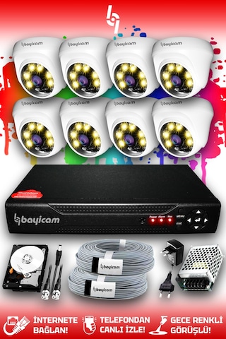 Bayicam 8 Kameralı Dome 8 İç Kamera Set 2 TB HDD Full HD Renkli Gece Görüşlü Güvenlik Kamerası Sistemi
